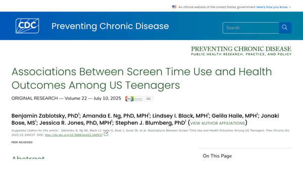 CDC – screen time and health outcomes in teenagers
