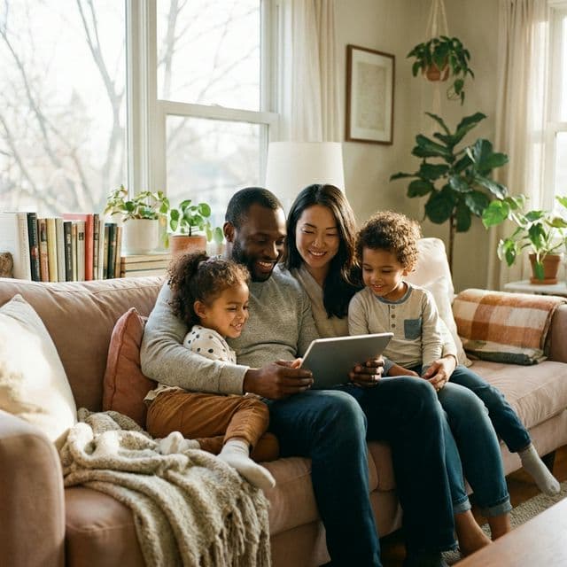 Family gathered together looking at a tablet